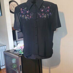Karin Stevens Black Blouse with Floral Embroidery